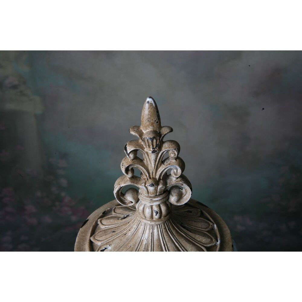 Decorative Crackle Glass Jar With Fleur-de-lis Lid Metal Work Aged - Picture 2 of 9